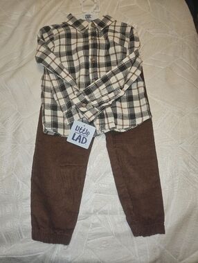 Little Lad Brown Corduroy Pants & Plaid Shirt Matching Set
